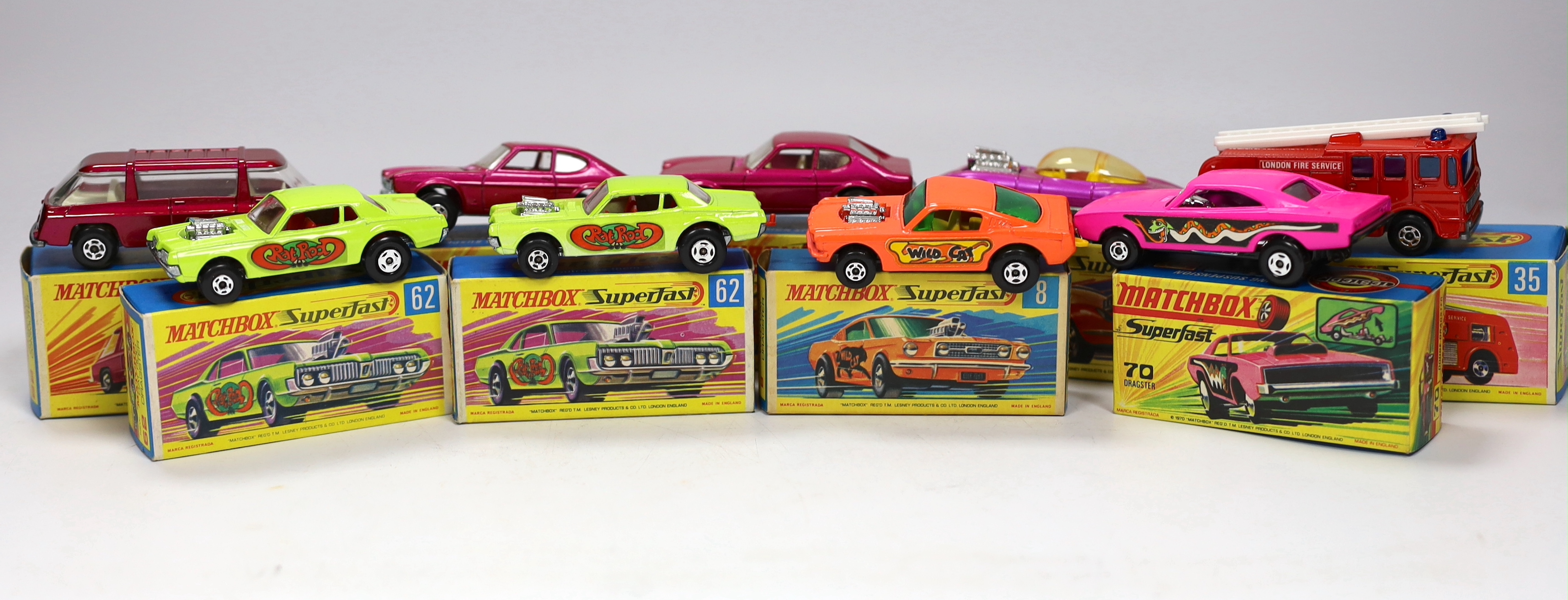 Eleven boxed Matchbox Superfast 1-75 series diecast vehicles